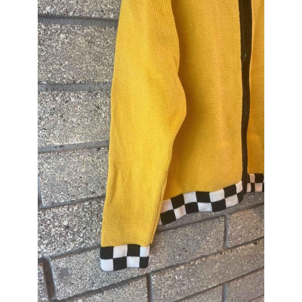 Coldwater Creek Yellow Knit Zip Cardigan With Taxi Charm & Checkerboard Trim M T - Picture 3 of 6